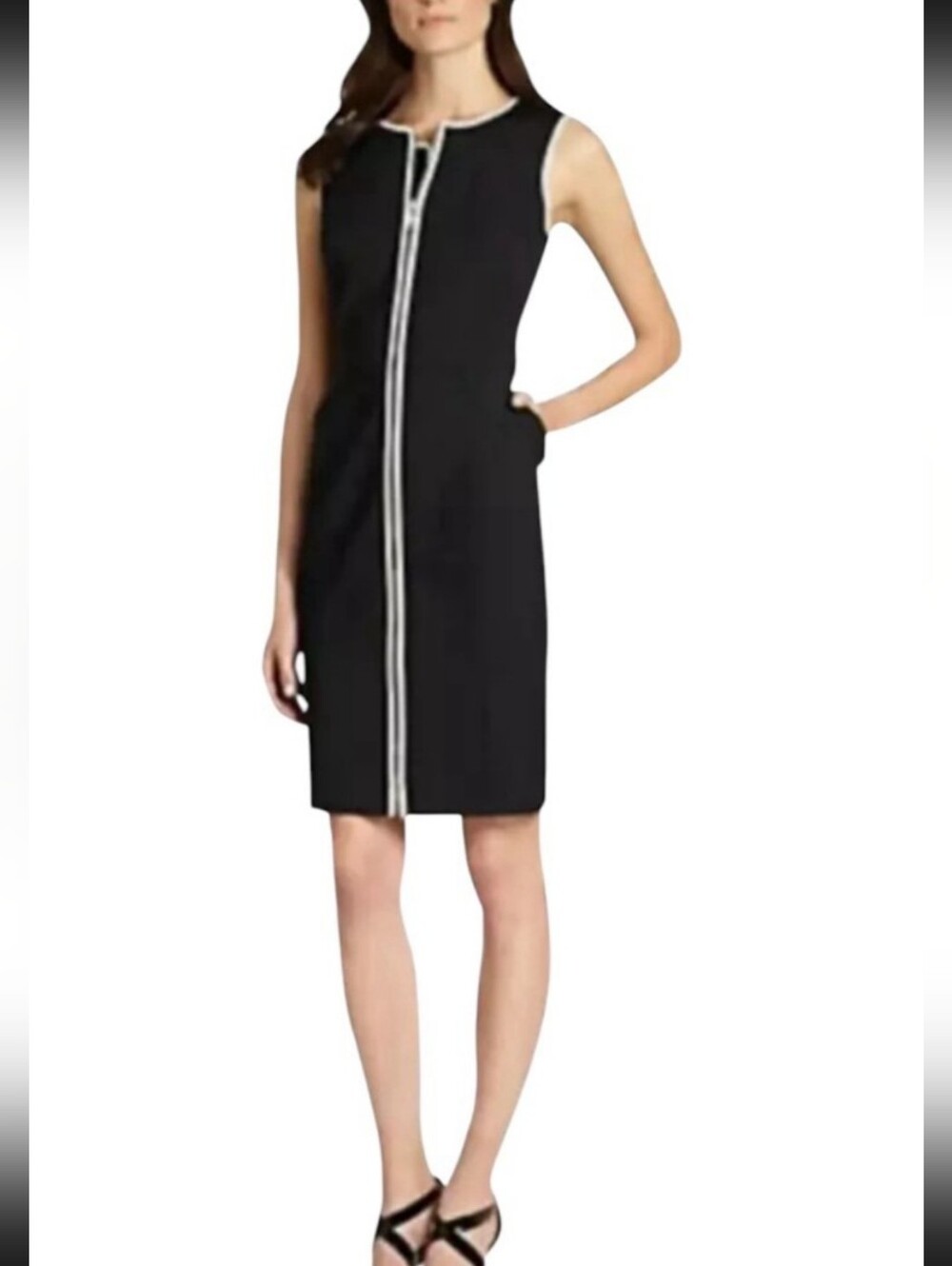 LAFAYETTE 148 New York Sleeveless Zip Front Sheath Dress Black White 8 Office - Picture 2 of 6